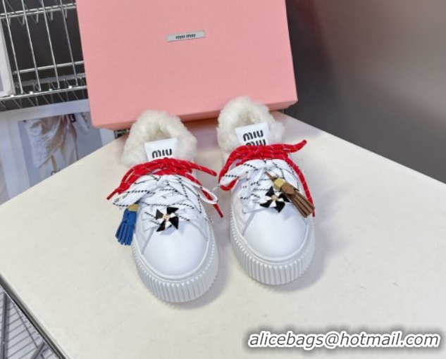 Perfect Miu Miu Leather and Wool Platform Sneakers 4.5cm with Charm White 1024102
