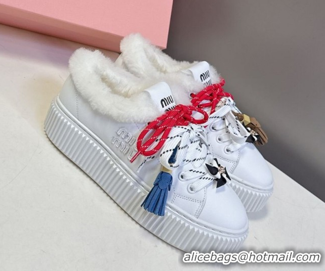 Perfect Miu Miu Leather and Wool Platform Sneakers 4.5cm with Charm White 1024102