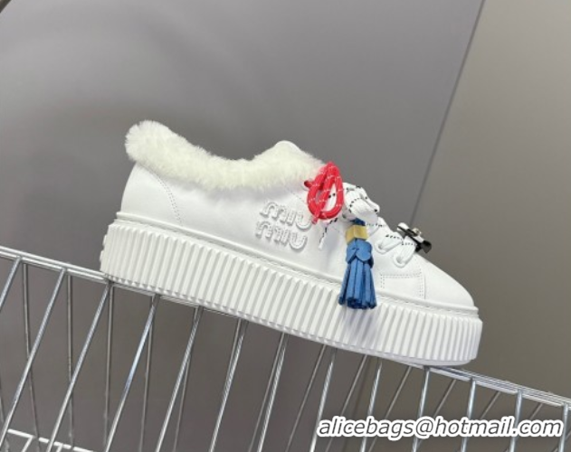 Perfect Miu Miu Leather and Wool Platform Sneakers 4.5cm with Charm White 1024102