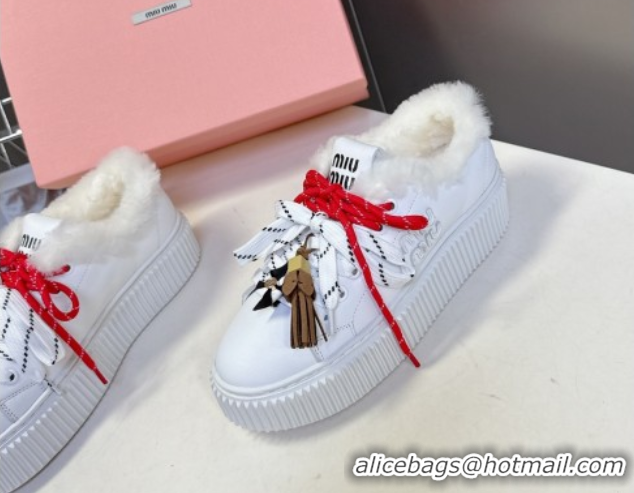 Perfect Miu Miu Leather and Wool Platform Sneakers 4.5cm with Charm White 1024102