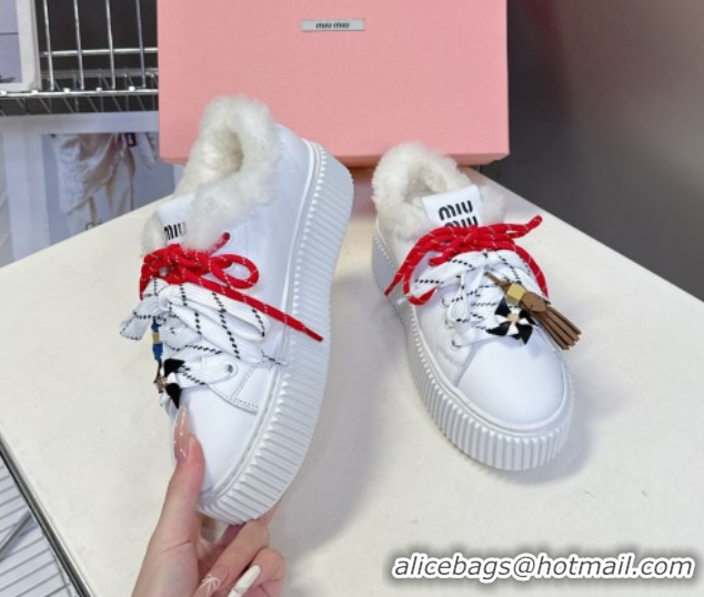 Perfect Miu Miu Leather and Wool Platform Sneakers 4.5cm with Charm White 1024102