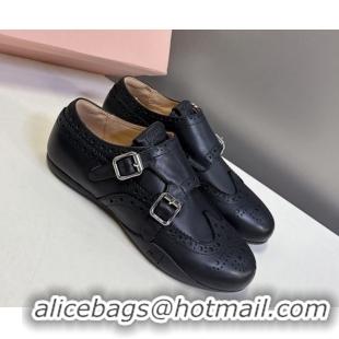 Buy Luxury Miu Miu Perforated Leather Brogue Shoes with Buckles Black 5E510E 1024103