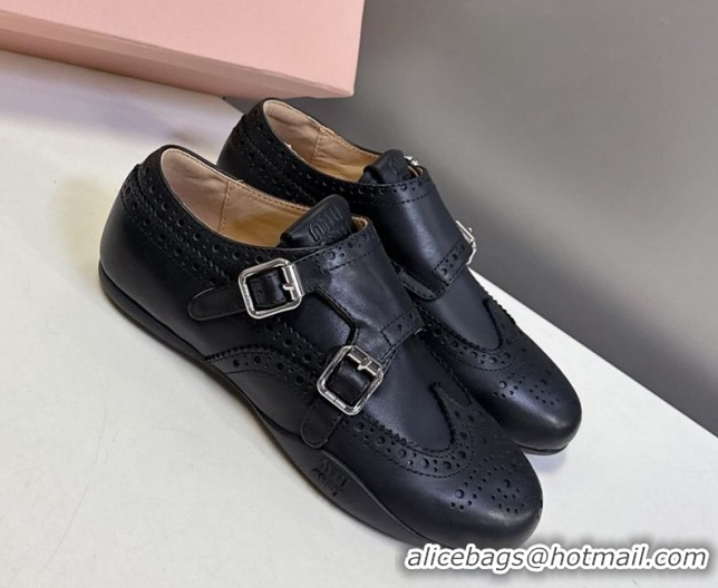 Buy Luxury Miu Miu Perforated Leather Brogue Shoes with Buckles Black 5E510E 1024103