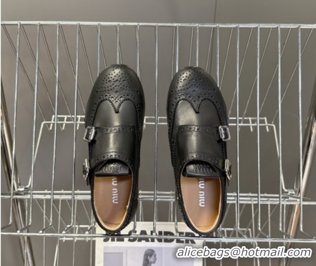Buy Luxury Miu Miu Perforated Leather Brogue Shoes with Buckles Black 5E510E 1024103