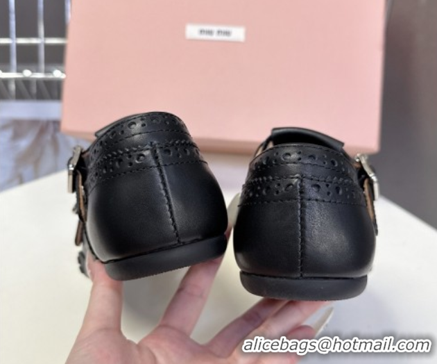 Buy Luxury Miu Miu Perforated Leather Brogue Shoes with Buckles Black 5E510E 1024103