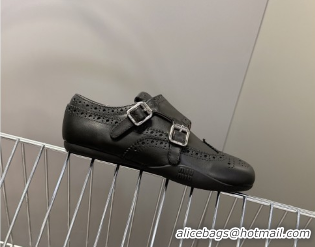 Buy Luxury Miu Miu Perforated Leather Brogue Shoes with Buckles Black 5E510E 1024103