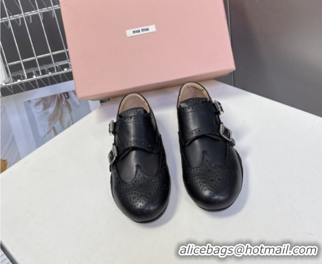 Buy Luxury Miu Miu Perforated Leather Brogue Shoes with Buckles Black 5E510E 1024103