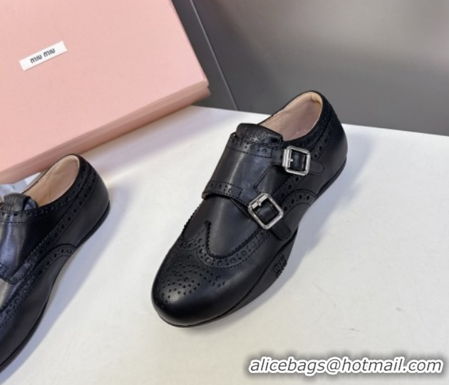Buy Luxury Miu Miu Perforated Leather Brogue Shoes with Buckles Black 5E510E 1024103