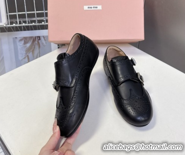 Buy Luxury Miu Miu Perforated Leather Brogue Shoes with Buckles Black 5E510E 1024103