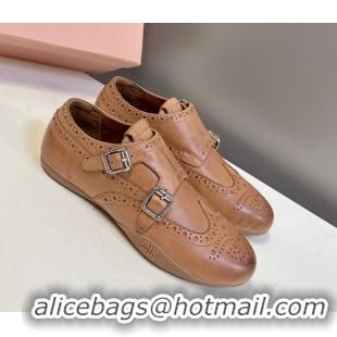 Good Quality Miu Miu Perforated Leather Brogue Shoes with Buckles Brown 5E510E 1024104