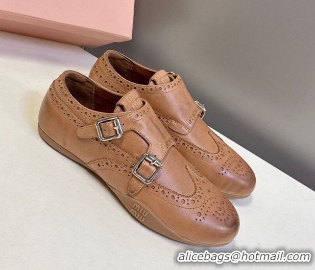 Good Quality Miu Miu Perforated Leather Brogue Shoes with Buckles Brown 5E510E 1024104