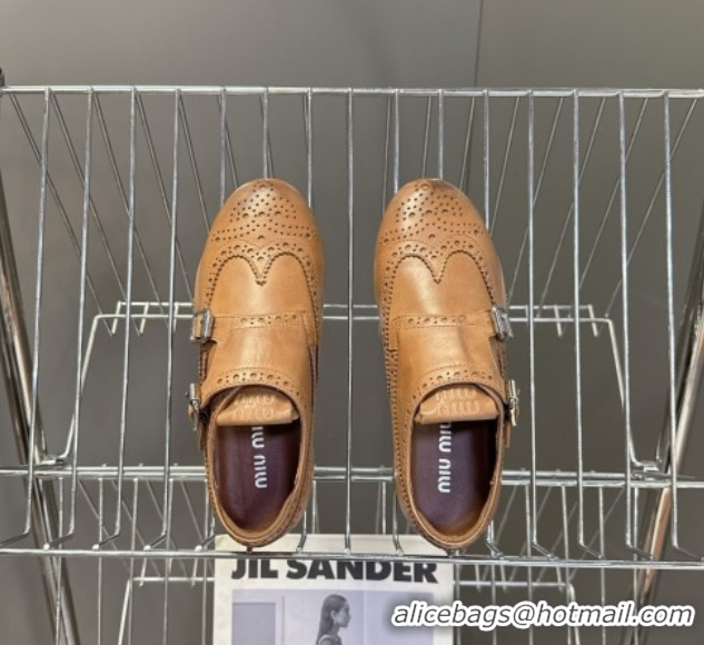 Good Quality Miu Miu Perforated Leather Brogue Shoes with Buckles Brown 5E510E 1024104