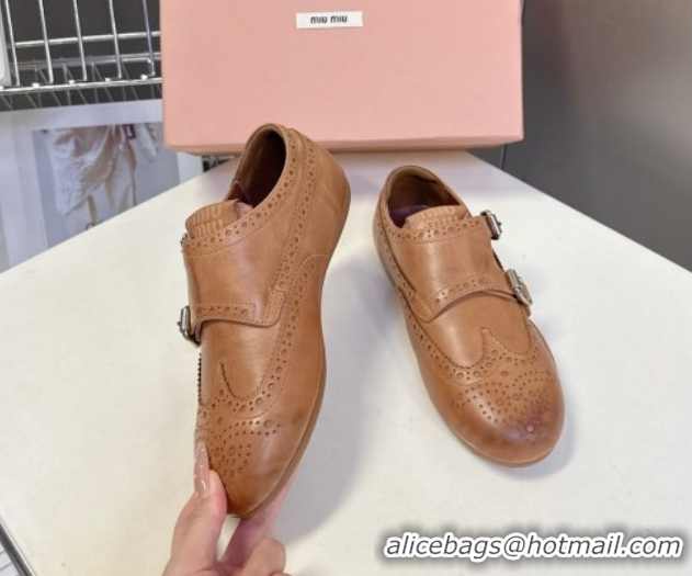 Good Quality Miu Miu Perforated Leather Brogue Shoes with Buckles Brown 5E510E 1024104