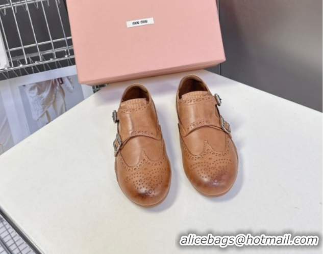 Good Quality Miu Miu Perforated Leather Brogue Shoes with Buckles Brown 5E510E 1024104