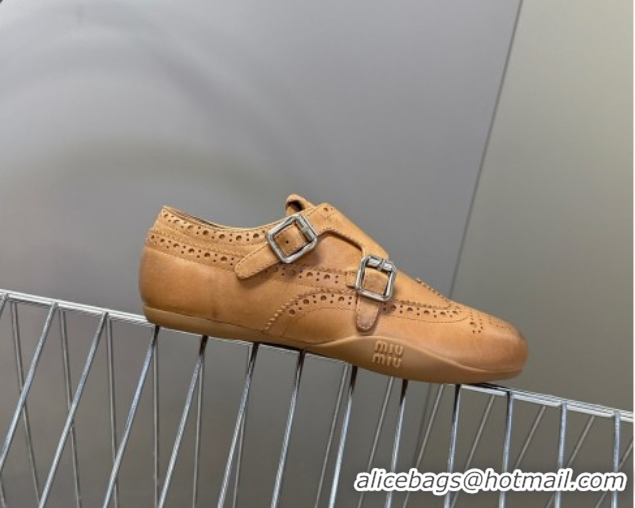 Good Quality Miu Miu Perforated Leather Brogue Shoes with Buckles Brown 5E510E 1024104