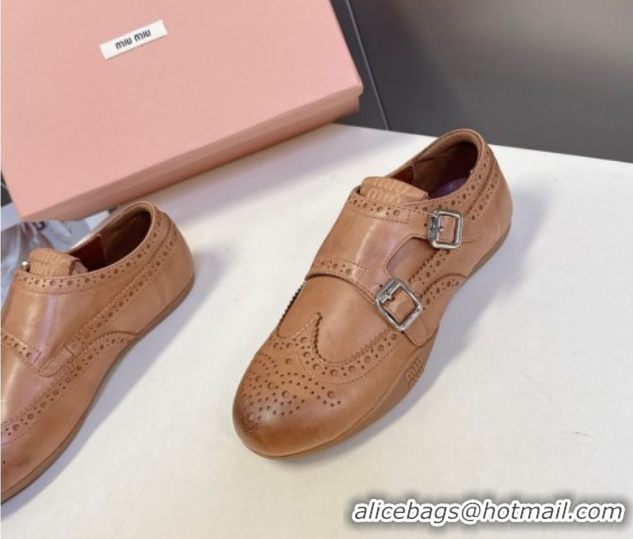 Good Quality Miu Miu Perforated Leather Brogue Shoes with Buckles Brown 5E510E 1024104