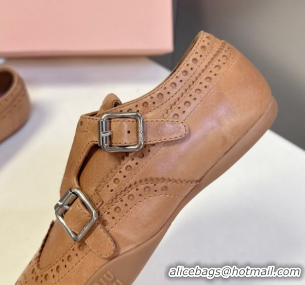 Good Quality Miu Miu Perforated Leather Brogue Shoes with Buckles Brown 5E510E 1024104
