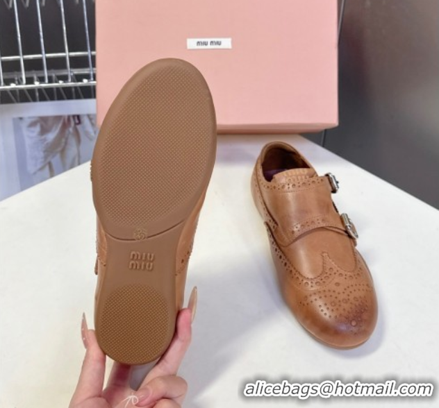 Good Quality Miu Miu Perforated Leather Brogue Shoes with Buckles Brown 5E510E 1024104