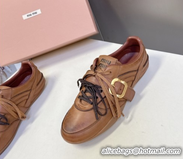 Best Grade Miu Miu Leather Sneakers with Buckle Brown 5E549E 1024106