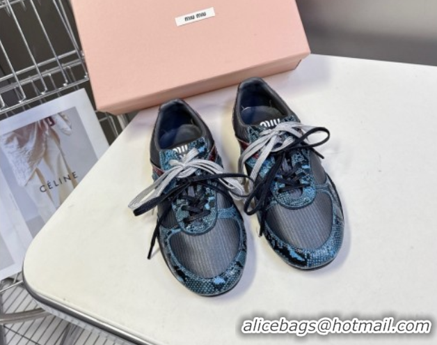 Best Price Miu Miu Gymnasium Sneakers in Python Print Leather and Technical Fabric Grey/Blue 1024109