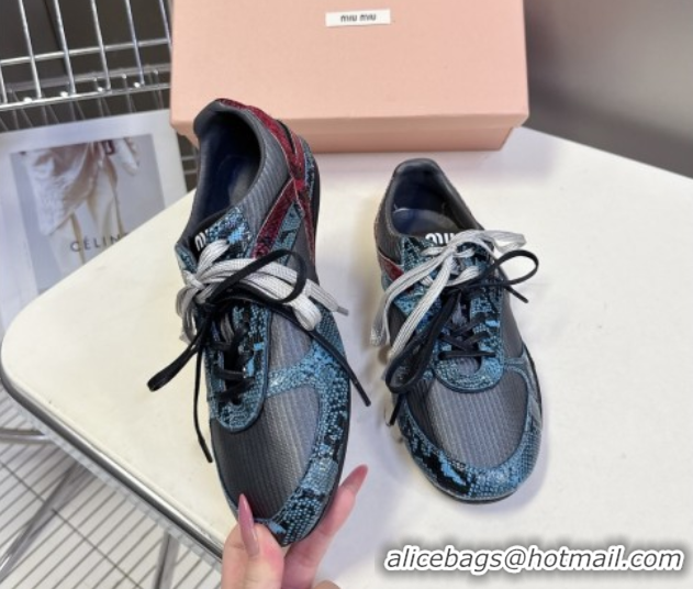 Best Price Miu Miu Gymnasium Sneakers in Python Print Leather and Technical Fabric Grey/Blue 1024109