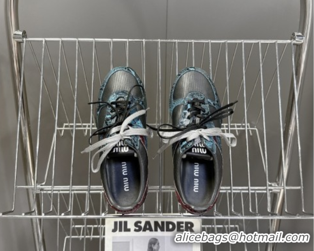 Best Price Miu Miu Gymnasium Sneakers in Python Print Leather and Technical Fabric Grey/Blue 1024109