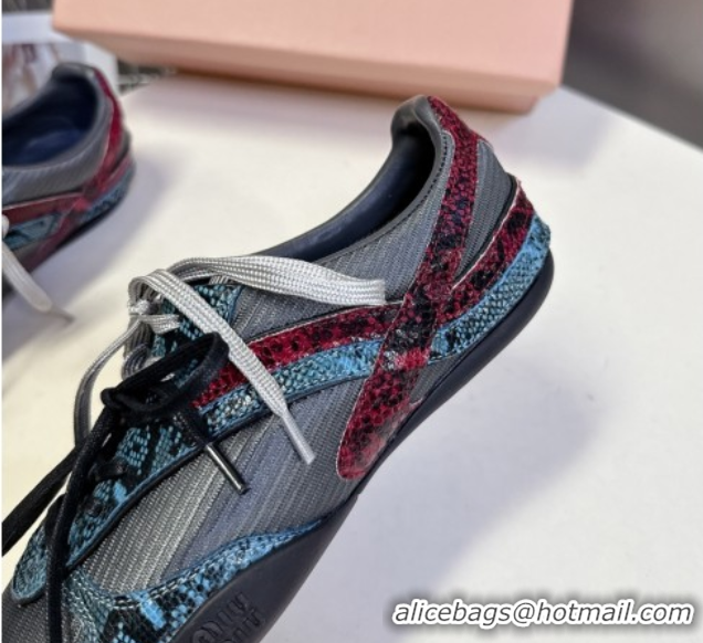 Best Price Miu Miu Gymnasium Sneakers in Python Print Leather and Technical Fabric Grey/Blue 1024109