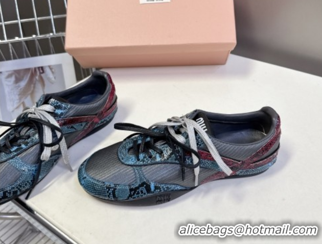 Best Price Miu Miu Gymnasium Sneakers in Python Print Leather and Technical Fabric Grey/Blue 1024109