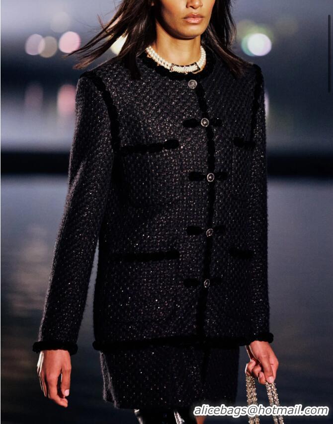 ​New Stylish Discount Chanel Embroidered Tweed Jacket CH1269 Black