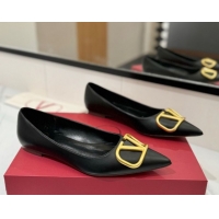 Low Price Valentino VLogo Signature Flat Shoes in Calfskin Leather Black/Gold 2025 VA082104