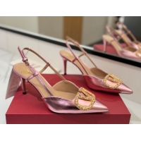 Stylish Valentino VLogo Signature Slingback Pumps 8cm in Calfskin with Strass Metallic Pink VA082109