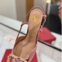 Stylish Valentino VLogo Signature Slingback Pumps 8cm in Calfskin with Strass Metallic Pink VA082109