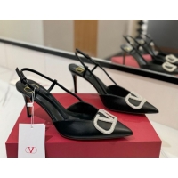 Good Quality Valentino VLogo Signature Slingback Pumps 8cm in Calfskin with Strass Black/Silver 2025 VA082109