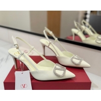 Best Product Valentino VLogo Signature Slingback Pumps 8cm in Calfskin with Strass White/Silver VA082109
