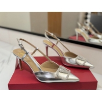 Shop Duplicate Valentino VLogo Signature Slingback Pumps 8cm in Calfskin with Strass Silver-Tone VA082109