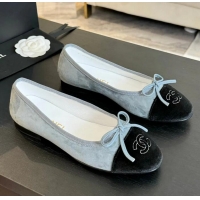 ​Buy Discount Chanel CC Ballet Flats with Bow Suede CH1023 Cloud Blue/Black Canvas