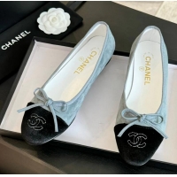 ​Buy Discount Chanel CC Ballet Flats with Bow Suede CH1023 Cloud Blue/Black Canvas