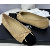 Best Quality Chanel CC 25A Ballet Flat With Bow Suede CH1023 Beige/Black