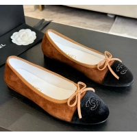 ​Buy Cheap Chanel CC Ballet Flat With Bow Suede CH1023 Dark Brown/Cloud Black Canvas