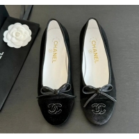 ​Unique Grade Chanel CC Ballet Flat With Bow Suede/Calfskin CH1023 All Black