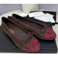 ​Best Quality Chanel CC 25A Ballet Flat With Bow Suede CH1023 Chocolate/Dark Red