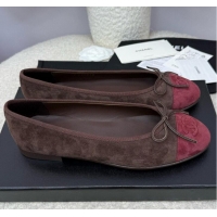 ​Best Quality Chanel CC 25A Ballet Flat With Bow Suede CH1023 Chocolate/Dark Red