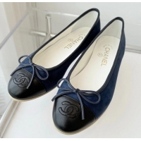 ​Grade Discount Chanel CC Ballet Flat With Bow Suede CH1023 Navy Blue/Black