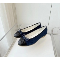 ​Grade Discount Chanel CC Ballet Flat With Bow Suede CH1023 Navy Blue/Black