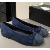 ​Promotional Chanel CC Ballet Flat With Bow Suede/Calfskin CH1023 Dark Blue
