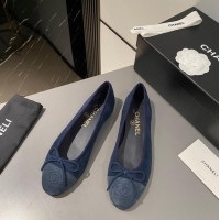 ​Promotional Chanel CC Ballet Flat With Bow Suede/Calfskin CH1023 Dark Blue