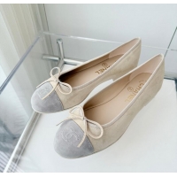 Pretty Style Chanel CC Ballet Flat With Bow Suede CH1023 Beige/Light Grey