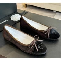Grade Quality Chanel CC Ballet Flat With Bow Suede CH1023 Chocolate/Black Canvas