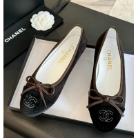 Grade Quality Chanel CC Ballet Flat With Bow Suede CH1023 Chocolate/Black Canvas