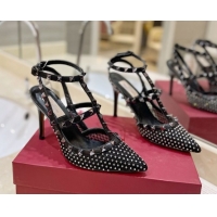 Shop Cheap Valentino Rockstud Pumps 10cm in Quilted Mesh and Strass Black 2025 VA082112